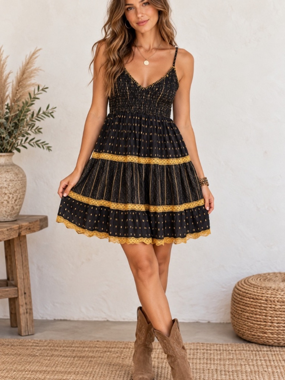 Boho Tiered Sundress Black Gold Smocked Cotton Sleeveless Midi Dress M AREA Star